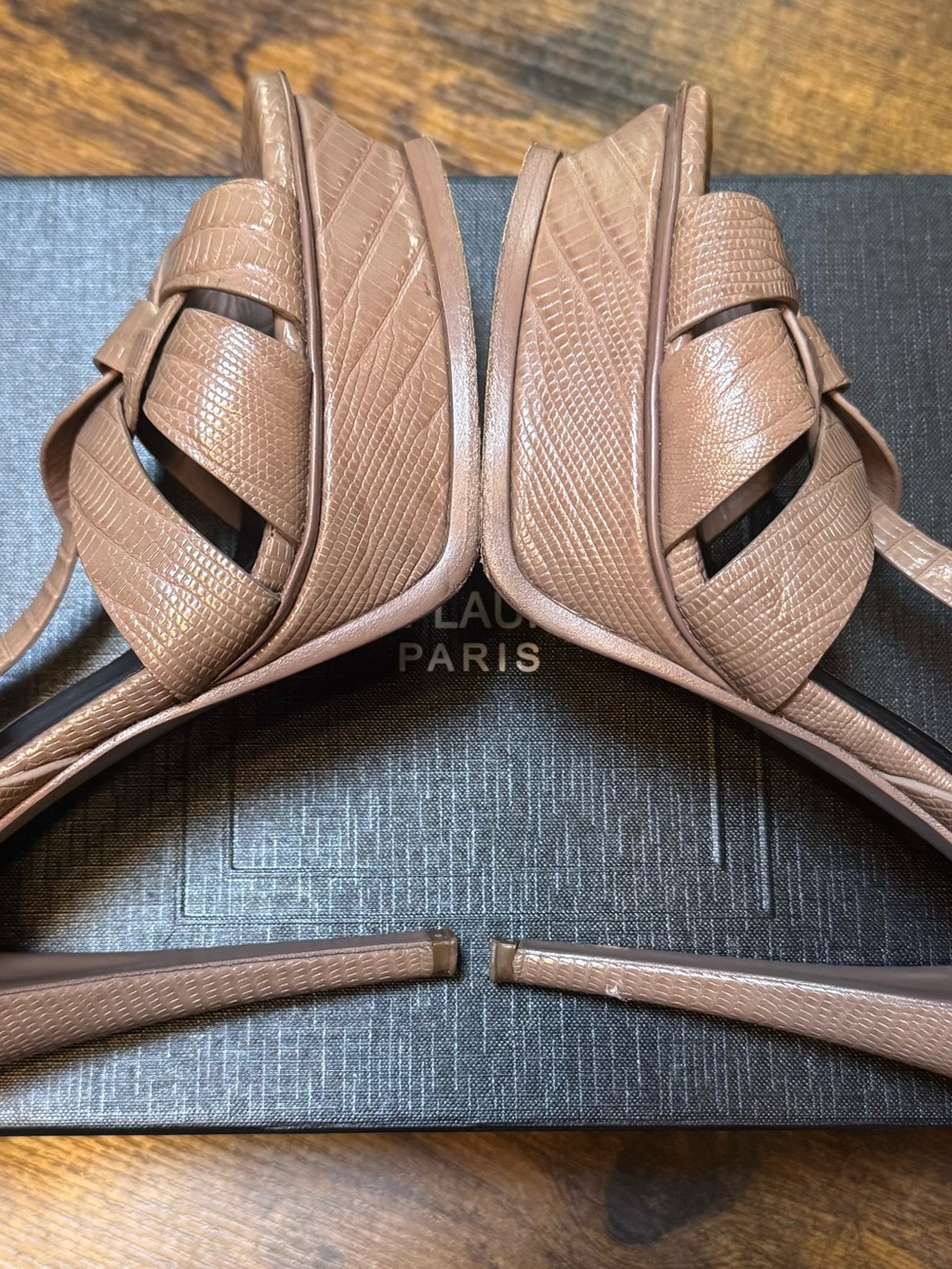 Saint Laurent Tan Croc-Embossed Leather T-Strap Sandals - Picture 5 of 16